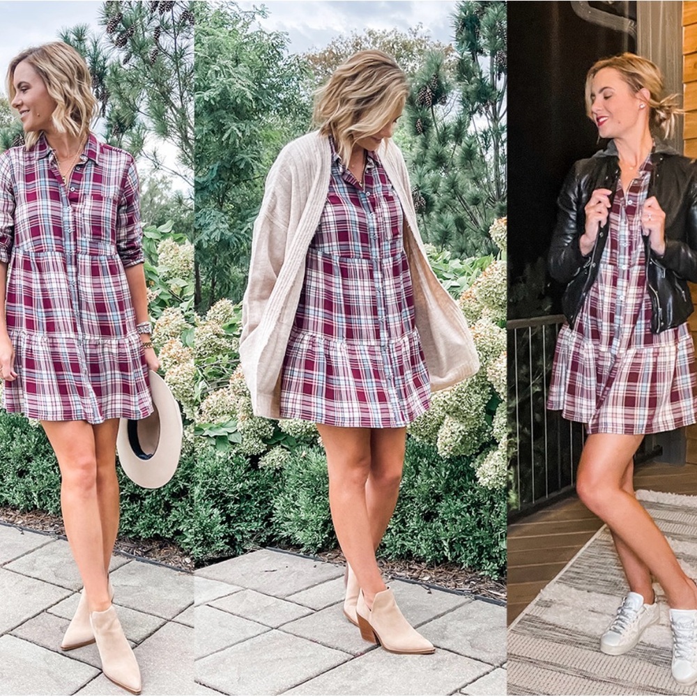 LOFT Burgundy and Teal Plaid Flounce Shirt Dress